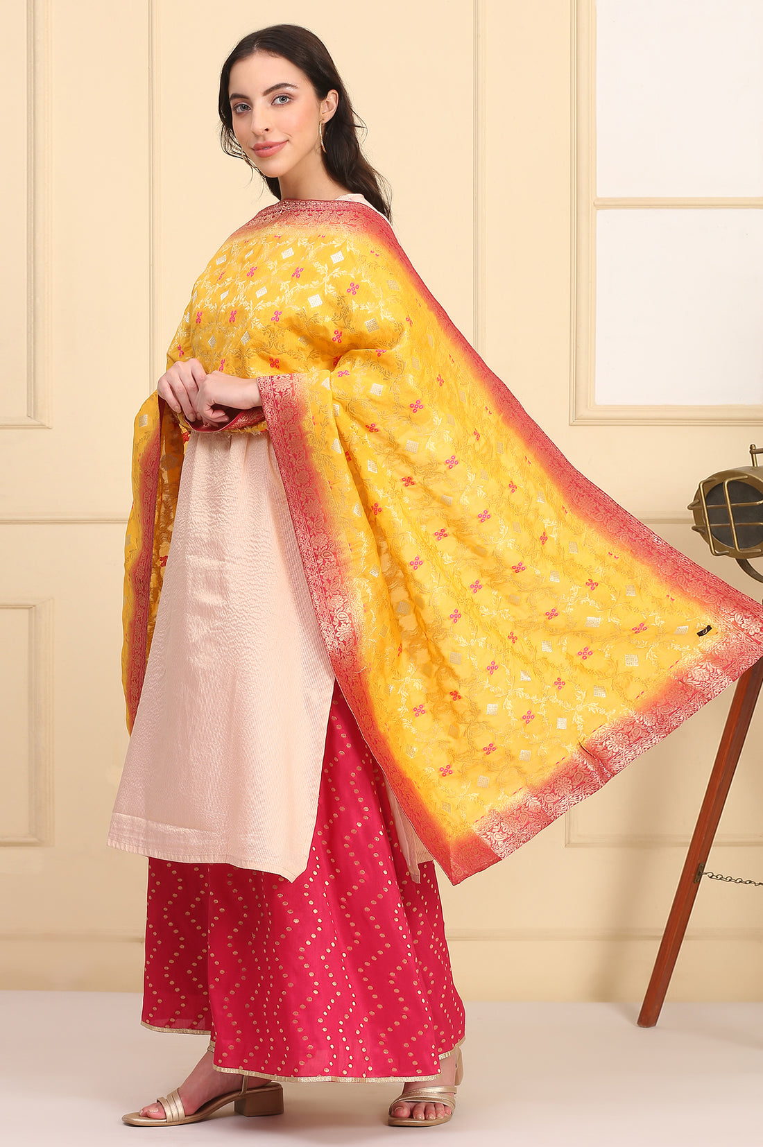Yellow Printed Banaras Jacquard Woven Stole