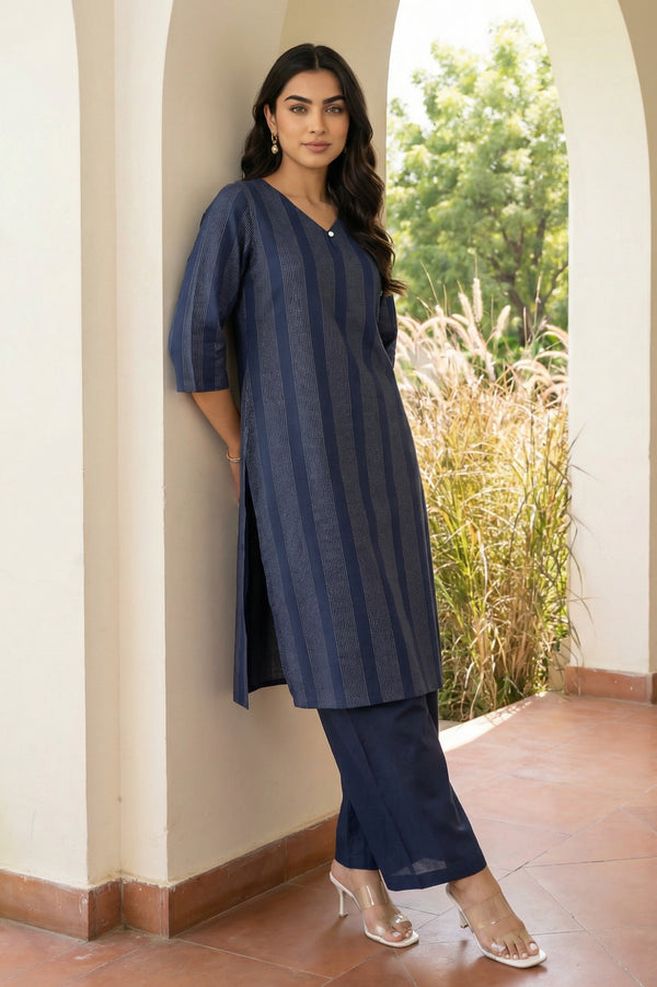 Navy Blue Yarn Dyed Striped Cotton Blend Straight Kurta With Culottes Co-ord Set