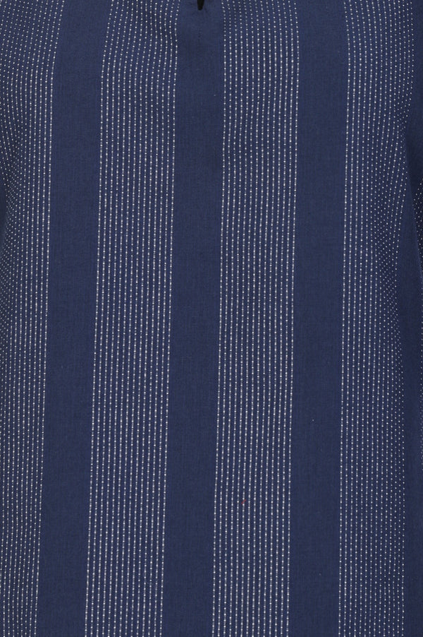 Navy Blue Yarn Dyed Striped Cotton Blend Straight Kurta With Culottes Co-ord Set
