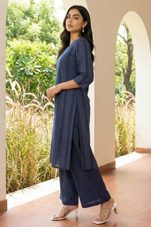 Navy Blue Yarn Dyed Striped Cotton Blend Straight Kurta With Culottes Co-ord Set