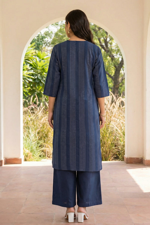 Navy Blue Yarn Dyed Striped Cotton Blend Straight Kurta With Culottes Co-ord Set