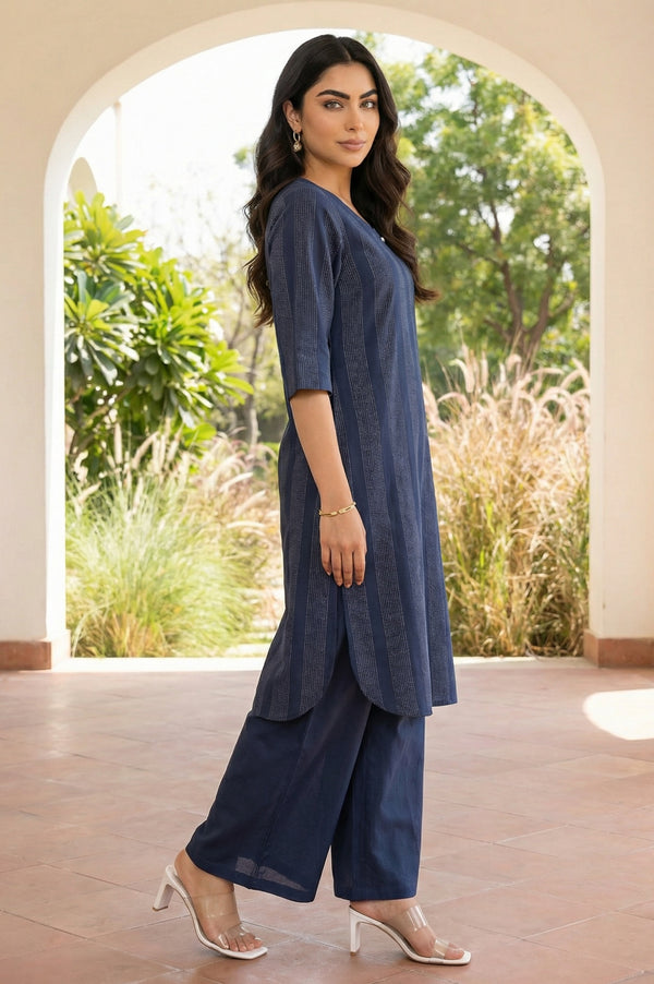 Navy Blue Yarn Dyed Striped Cotton Blend Straight Kurta With Culottes Co-ord Set