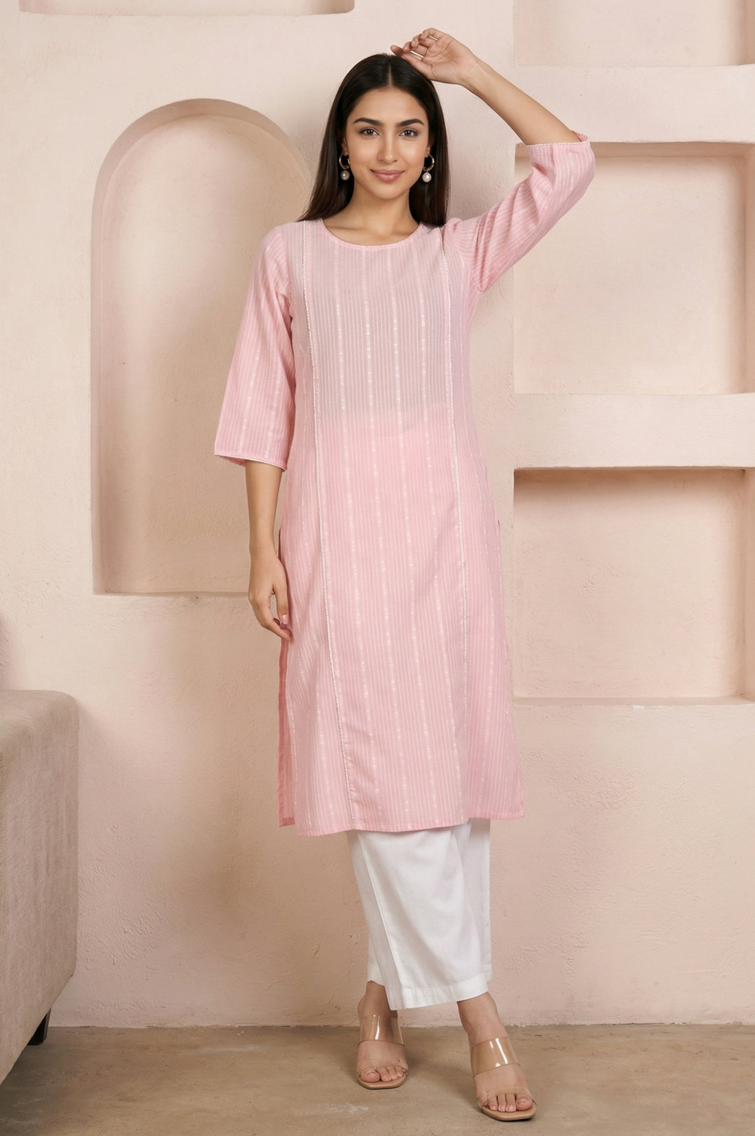 Pink Striped Cotton Blend Straight Kurta with Palazzo Set