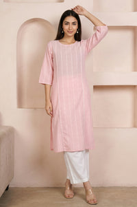 Pink Striped Cotton Blend Straight Kurta with Palazzo Set