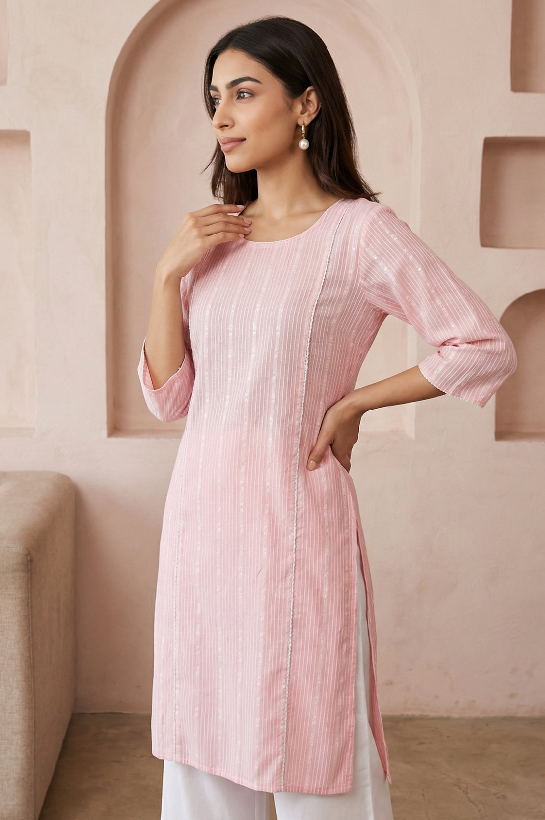 Pink Striped Cotton Blend Straight Kurta with Palazzo Set