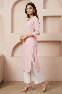 Pink Striped Cotton Blend Straight Kurta with Palazzo Set