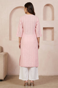 Pink Striped Cotton Blend Straight Kurta with Palazzo Set