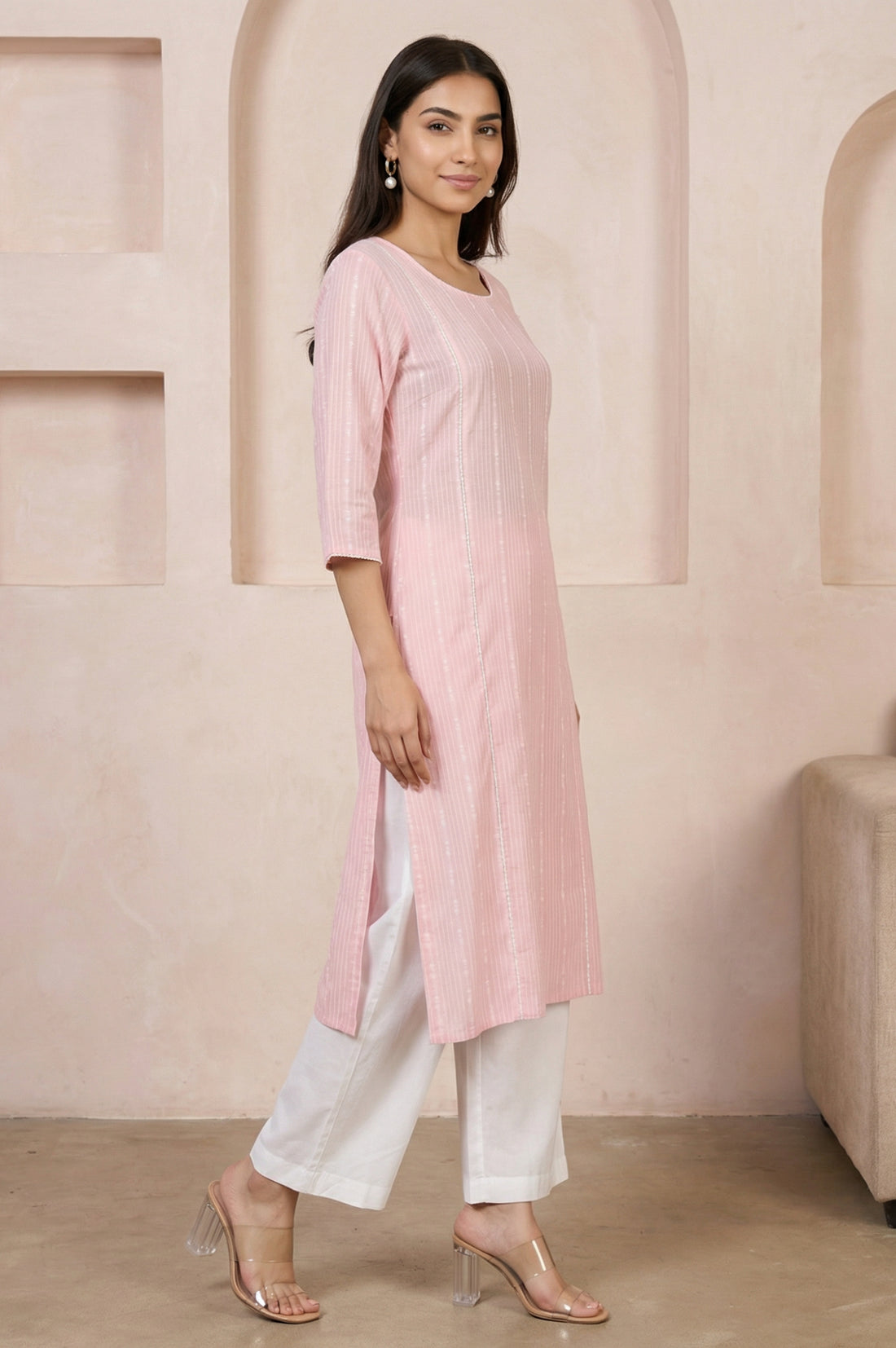 Pink Striped Cotton Blend Straight Kurta with Palazzo Set