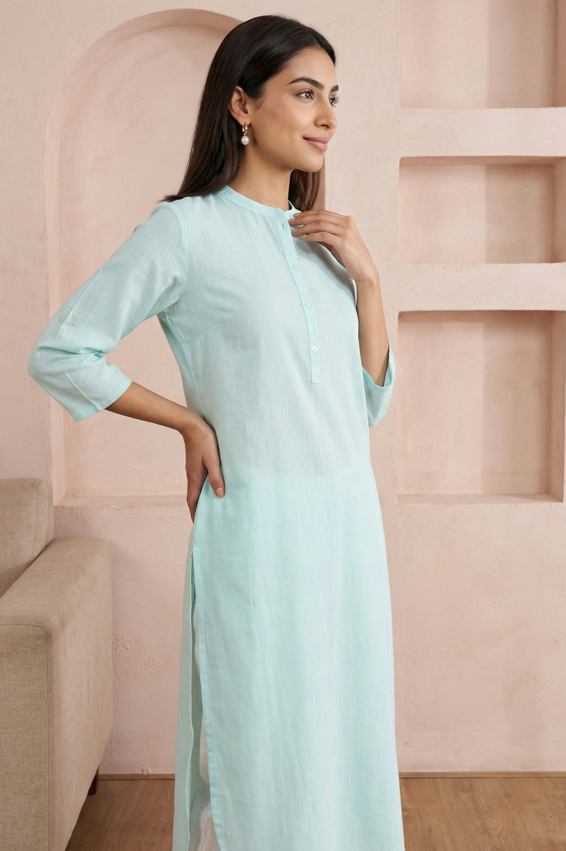 Powder Blue Solid Cotton Rayon Flax Straight Kurta and Trouser Co-ord Set