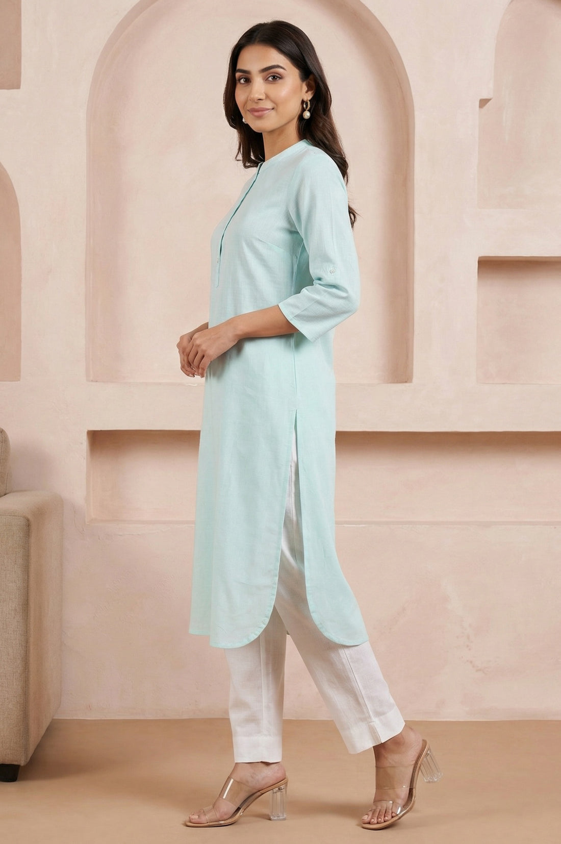 Powder Blue Solid Cotton Rayon Flax Straight Kurta and Trouser Co-ord Set