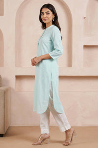 Powder Blue Solid Cotton Rayon Flax Straight Kurta and Trouser Co-ord Set