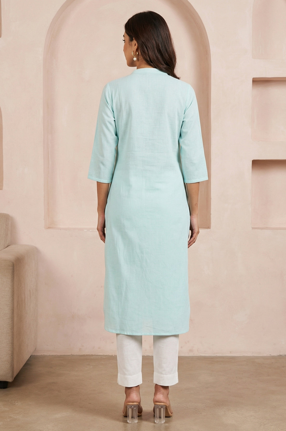 Powder Blue Solid Cotton Rayon Flax Straight Kurta and Trouser Co-ord Set