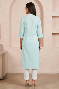 Powder Blue Solid Cotton Rayon Flax Straight Kurta and Trouser Co-ord Set