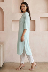 Powder Blue Solid Cotton Rayon Flax Straight Kurta and Trouser Co-ord Set
