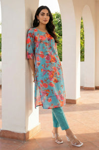 Turquoise Blue Floral Printed Straight Kurta with Palazzo Co-ord Set