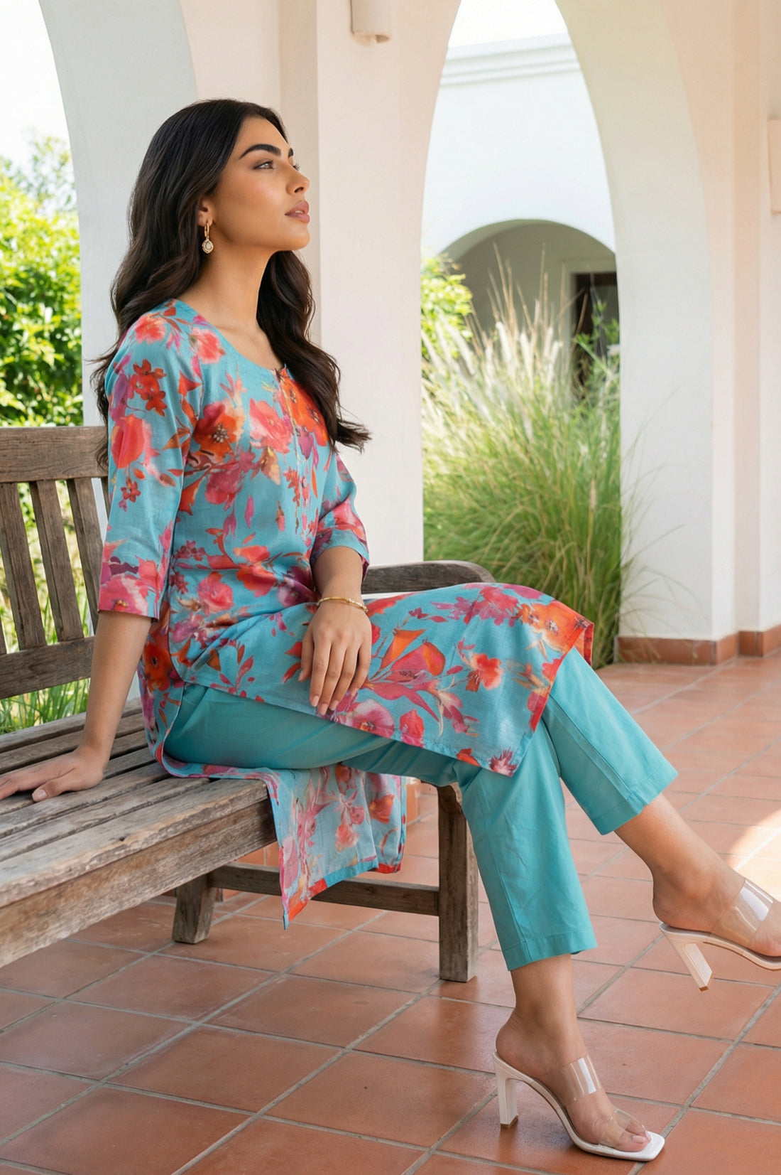Turquoise Blue Floral Printed Straight Kurta with Palazzo Co-ord Set