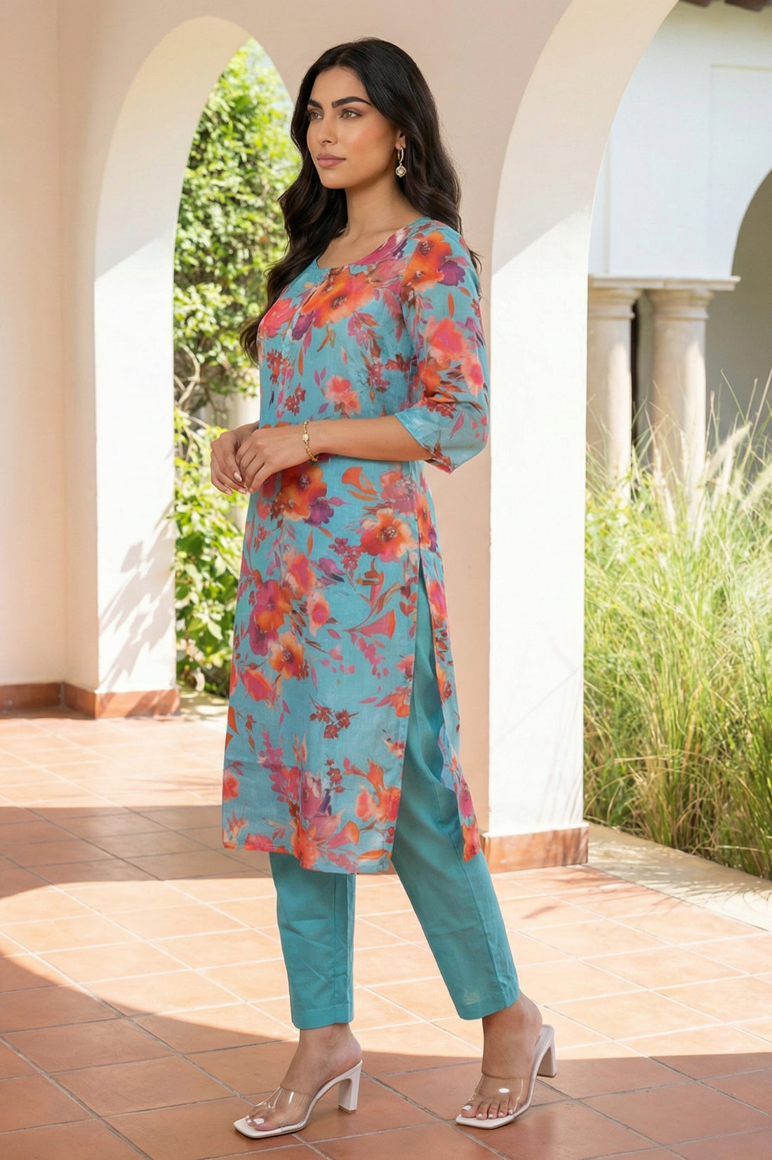 Turquoise Blue Floral Printed Straight Kurta with Palazzo Co-ord Set