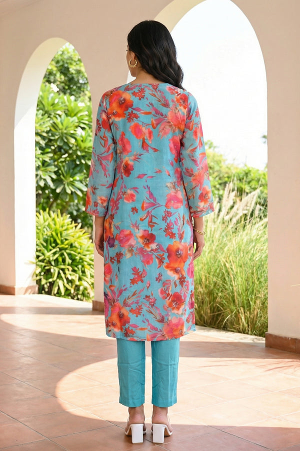 Turquoise Blue Floral Printed Straight Kurta with Palazzo Co-ord Set
