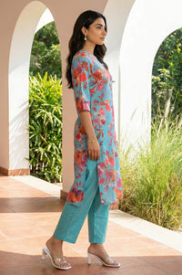 Turquoise Blue Floral Printed Straight Kurta with Palazzo Co-ord Set
