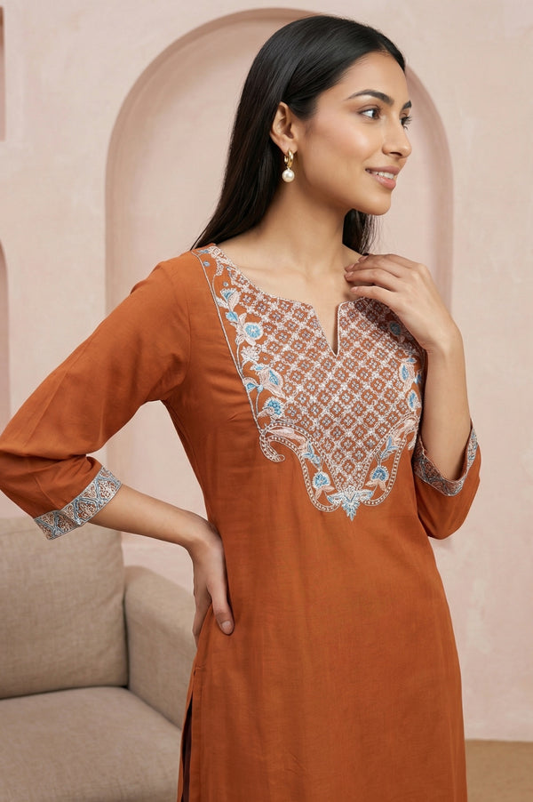Rust Yarn Dyed Thread Embroidered Modal Straight Kurta with Trousers Set