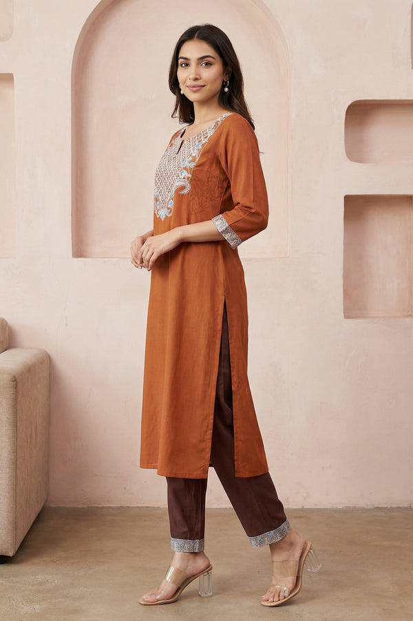 Rust Yarn Dyed Thread Embroidered Modal Straight Kurta with Trousers Set