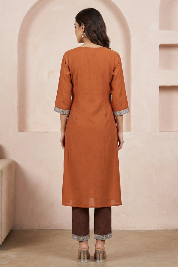 Rust Yarn Dyed Thread Embroidered Modal Straight Kurta with Trousers Set