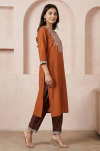 Rust Yarn Dyed Thread Embroidered Modal Straight Kurta with Trousers Set