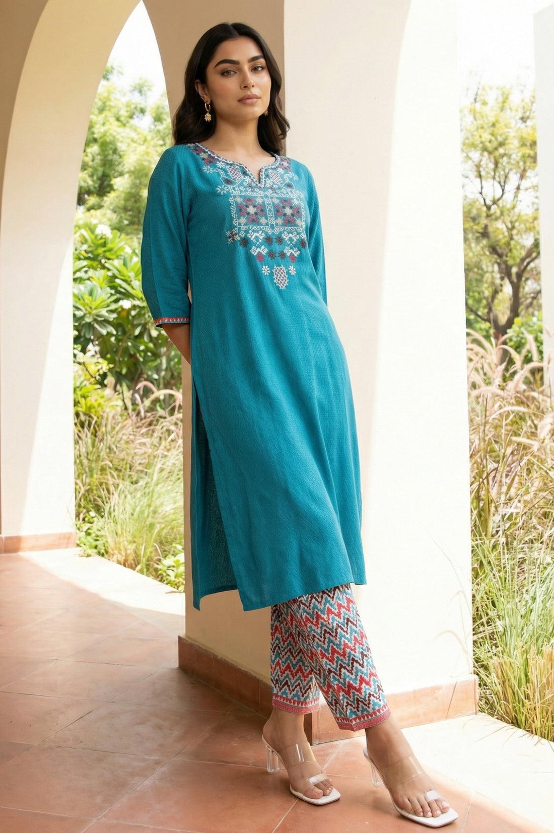 Teal Yarn Dyed Embroidered Straight Kurta with Printed Salwar Set