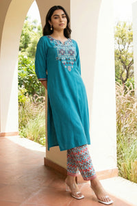 Teal Yarn Dyed Embroidered Straight Kurta with Printed Salwar Set