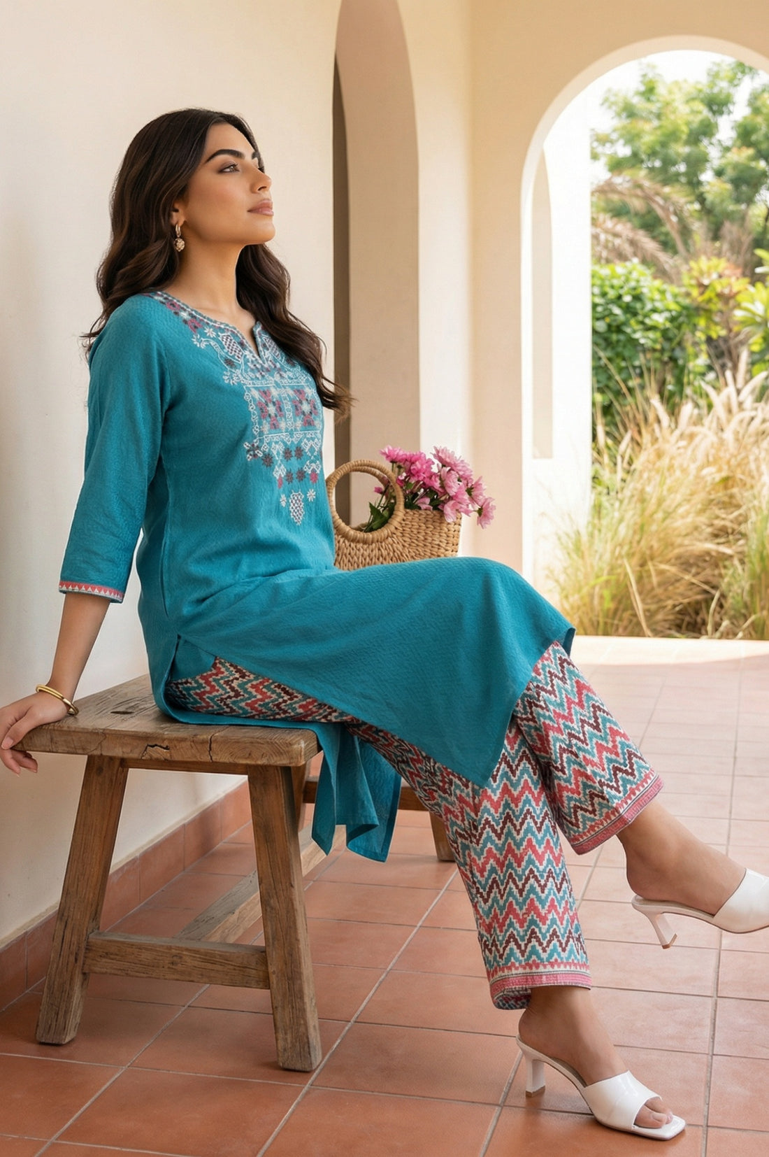 Teal Yarn Dyed Embroidered Straight Kurta with Printed Salwar Set