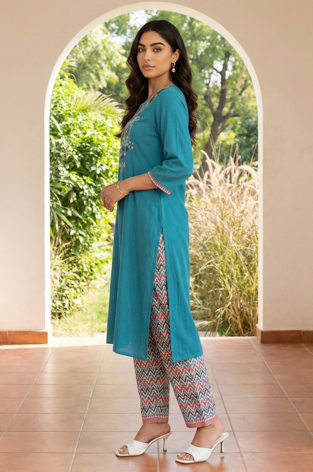 Teal Yarn Dyed Embroidered Straight Kurta with Printed Salwar Set