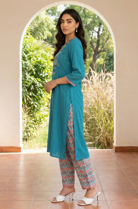 Teal Yarn Dyed Embroidered Straight Kurta with Printed Salwar Set