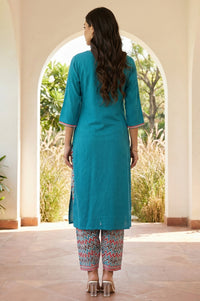 Teal Yarn Dyed Embroidered Straight Kurta with Printed Salwar Set