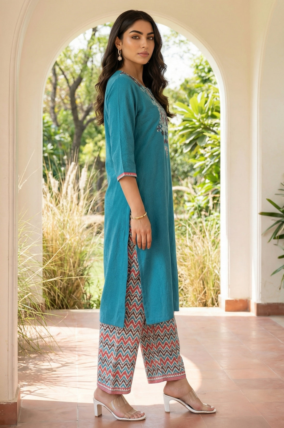 Teal Yarn Dyed Embroidered Straight Kurta with Printed Salwar Set