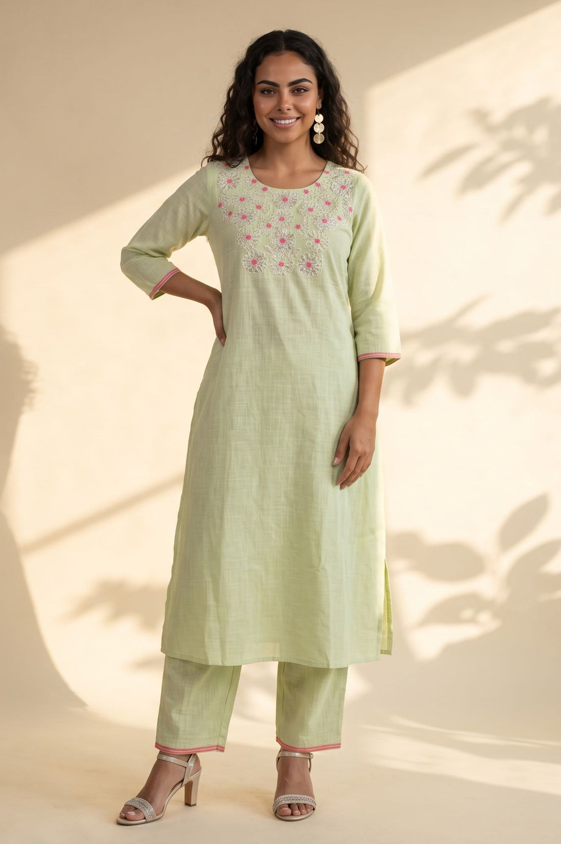 Green Embroidered Pure Cotton Straight Kurta