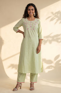 Green Embroidered Pure Cotton Straight Kurta