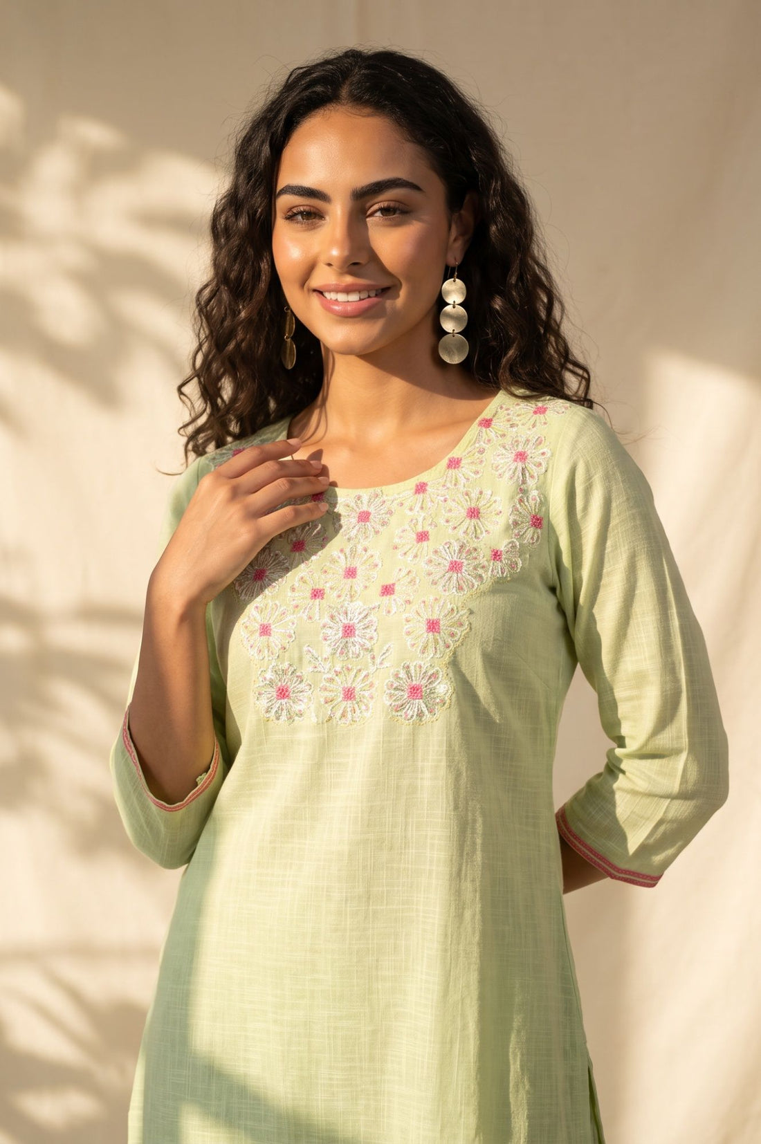 Green Embroidered Pure Cotton Straight Kurta