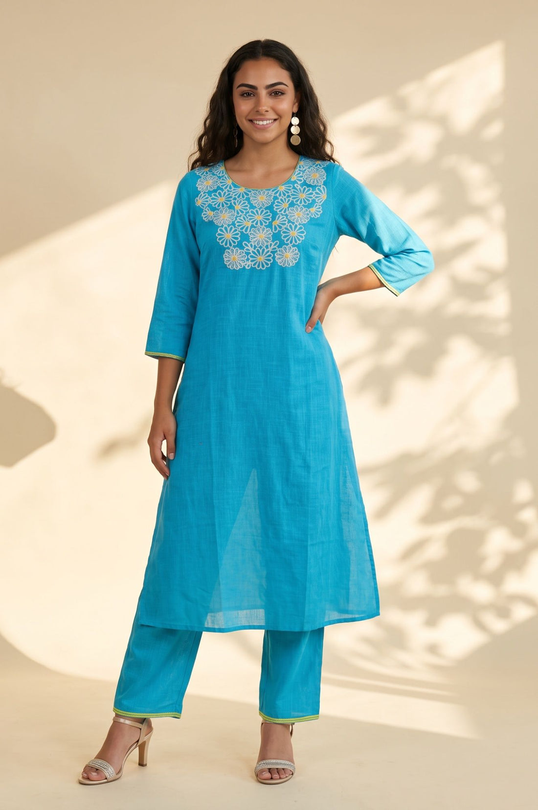 Blue Embroidered Pure Cotton Straight Kurta