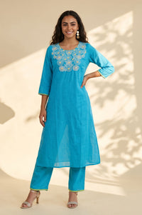 Blue Embroidered Pure Cotton Straight Kurta