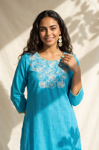 Blue Embroidered Pure Cotton Straight Kurta
