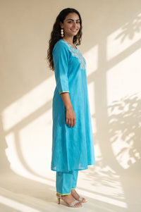 Blue Embroidered Pure Cotton Straight Kurta