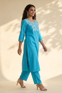 Blue Embroidered Pure Cotton Straight Kurta