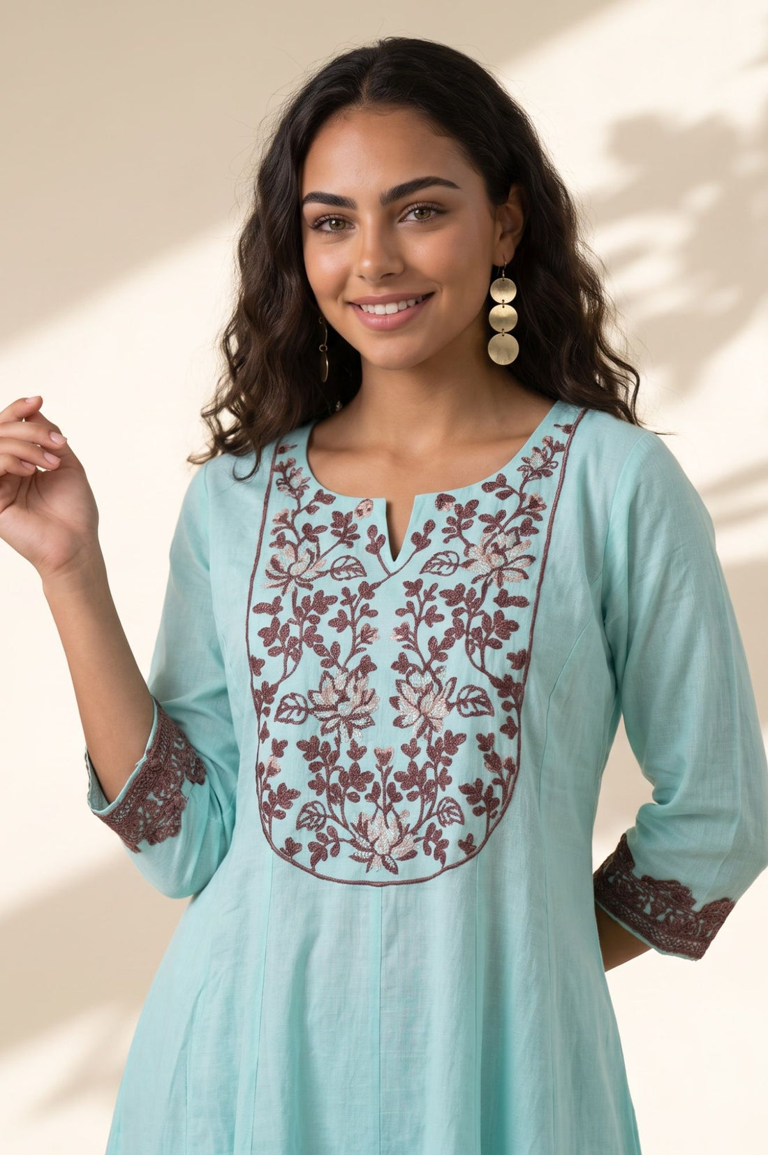 Blue Embroidered Cotton Flax Flared Kurta