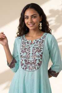 Blue Embroidered Cotton Flax Flared Kurta