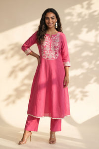 Pink Embroidered Cotton Flax Flared Kurta