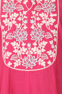 Pink Embroidered Cotton Flax Flared Kurta