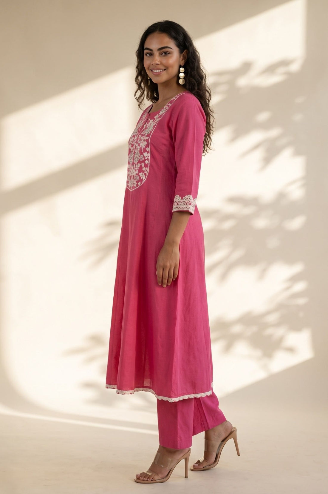 Pink Embroidered Cotton Flax Flared Kurta