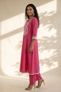 Pink Embroidered Cotton Flax Flared Kurta