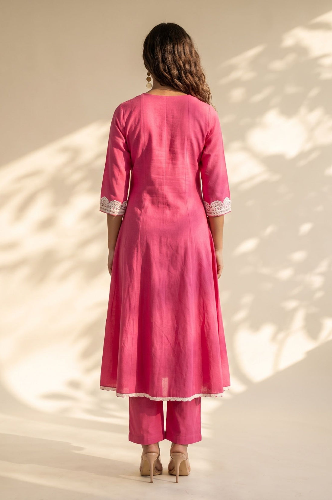 Pink Embroidered Cotton Flax Flared Kurta