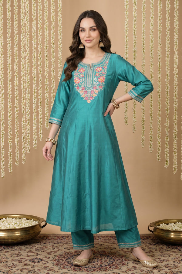 Teal Yarn Dyed Embroidered A-line Kurta